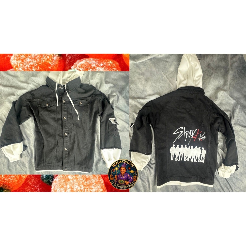 Stray Kids Custom Black Distressed Denim Hoodie Jacket K-Pop Fan Merch STAY L